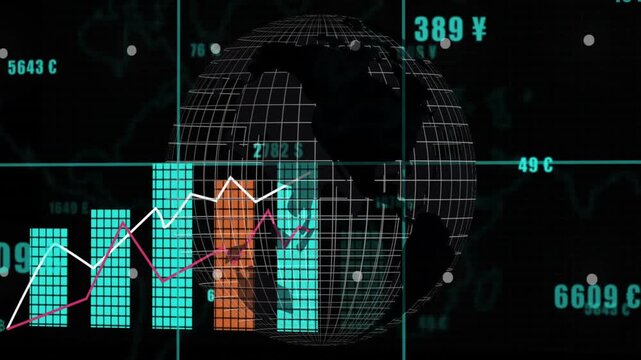 Wireframe globe rotating on teal grid with turquoise bars orange bars white magenta lines numbers