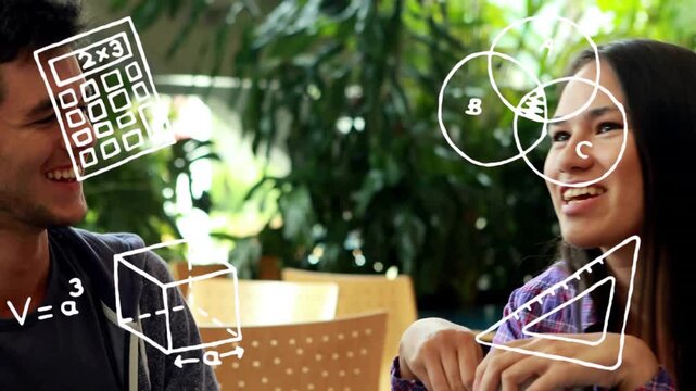 Vertical video: Camera starting on hands cube doodles forming over pair studying math holding cups