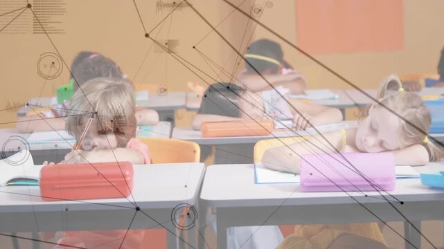 Vertical video: Network overlays sweeping, students lowering heads and resting, showing focus loss