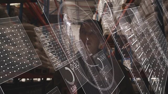 Scanning woman in light coat, dark collar, monitoring racks in warehouse aisle with tablet, AR HUD