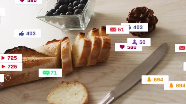 Vertical video: Popping red badge by baguette sparking badges over berries, knife on kitchen table