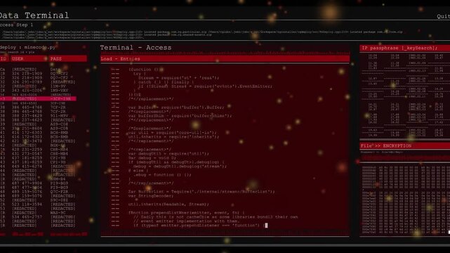 Red term Step1 starting, code scrolling, PASS or IP or hex dump visible particles slimecode