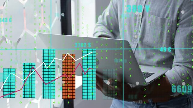 Mature man cradling laptop, shifting screen, causing turquoise HUD and bar charts, reviewing data