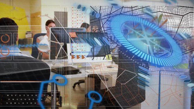 Blue map overlay emerging on screens leading man leaning over woman reviewing business metrics