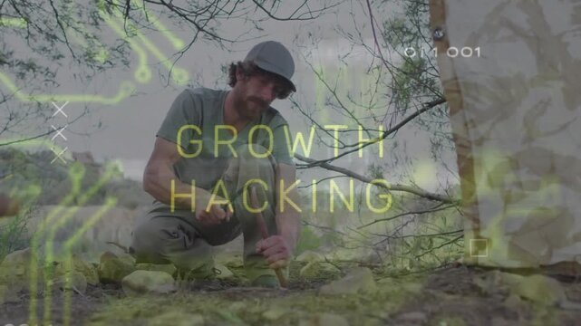Kneeling man inserting stake, hammering knife and securing tarp, neon HUD and GROWTH HACKING rising