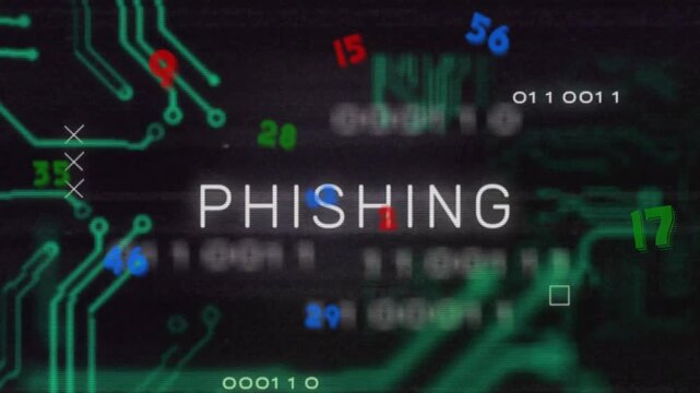 Floating digits drifting sparking PHISHING title resolving, circuits pulsing, showing security risk