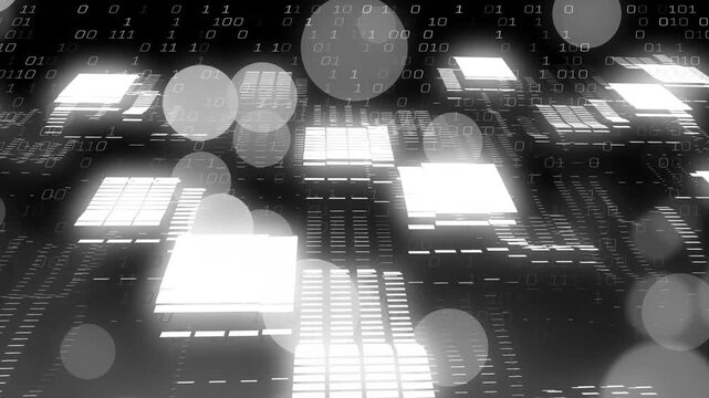 Camera pulling back, revealing lit tiles and streaming binary numerals, showing tech data landscape