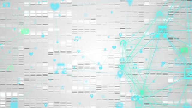Turquoise network nodes forming on right gray tile grid, drawing pins hearts music, copy space