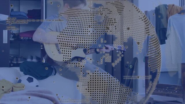 Teen playing acoustic guitar, dotted globe HUD appearing, rotating and revealing room for tech demo