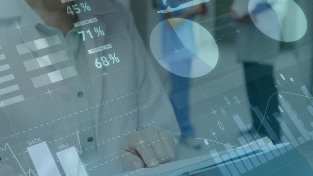 Nurse handing clipboard clinician tapping tablet activating health graphs and % gauges for review