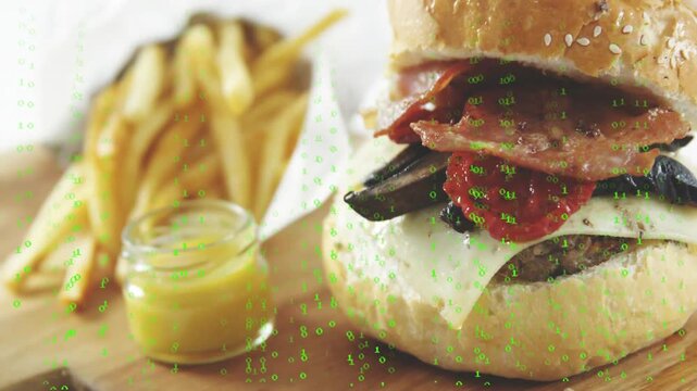 Camera pulling focus, burger sharpening, layers showing, fries, green digits drifting for food ad