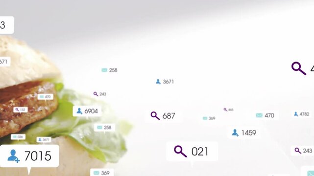 Badges drifting initiating sandwich revealing while search icons updating, showcasing food product