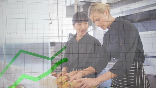 Two chefs making sandwiches at prep counter, knife slicing starting faint grid, green chart rising