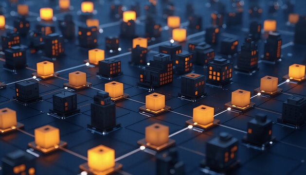 Stylized 3D Blockchain Cityscape Night Glowing Buildings Network, Tokenized Real-World Assets Concept, Futuristic Design No People