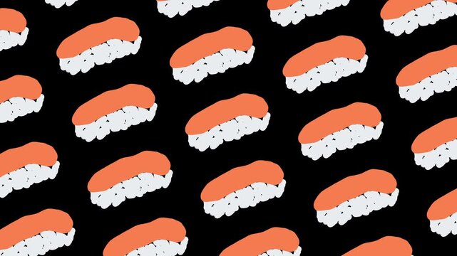 Seamless sushi pattern with salmon nigiri on black background, minimalist flat illustration, repeating Japanese food texture