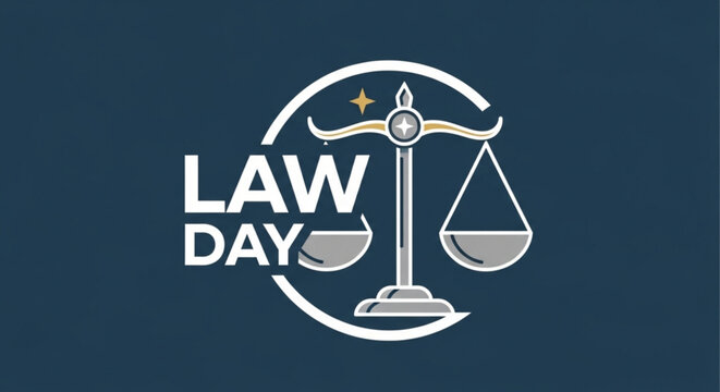 Law day logo with scales of justice and star on navy blue background symbolizing legal profession and balance