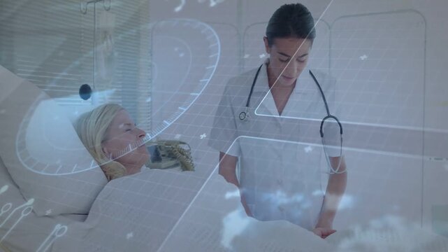 Vertical video: Leaning RN in tunic touching patient at bedside after opening eyes viewing hologram