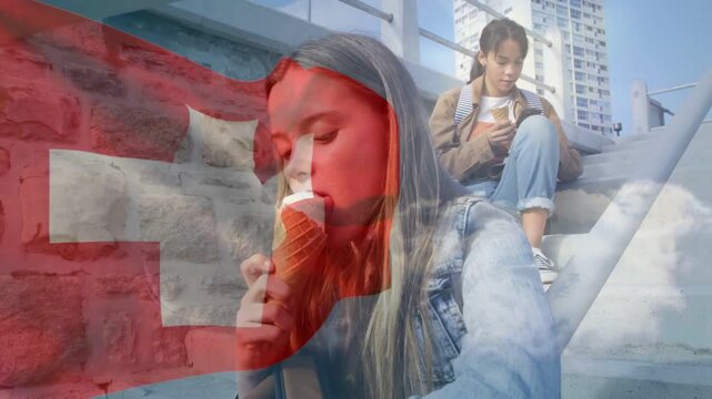 Student holding cone inspecting nibbling education break peer scrolling phone flag overlay blending