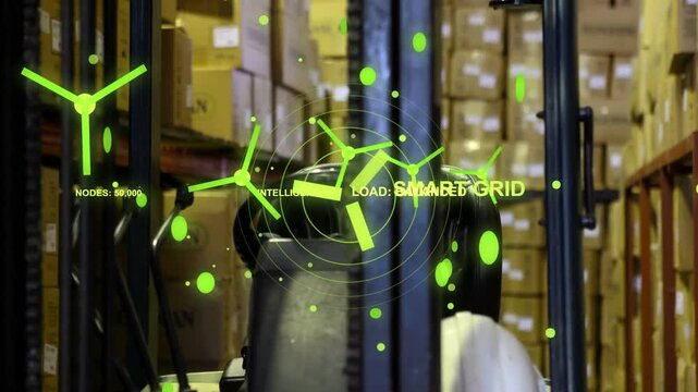 Proximity sensor activating AR HUD over forklift cab, showing turbines and smart grid load balance