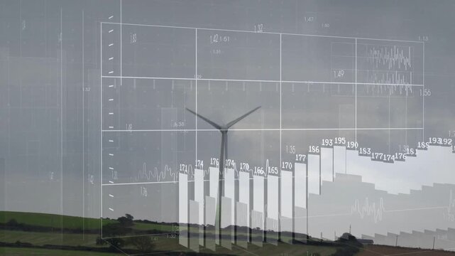 Rotating wind turbine occupying ridge with hedgerows and shed, showing faint grid and bar charts