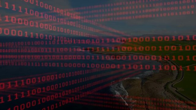 Red binary overlay intensifying, sweeping diagonal rows across coastline, revealing road below