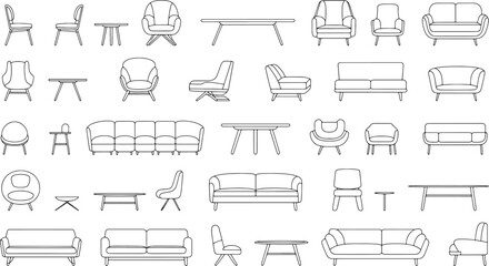 Modern furniture line art icons collection with minimalist sofa chair and table set vector illustration on transparent background drawing. © MstSahida