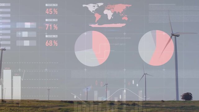 HUD appearing over wind farm, charts fading in and updating numbers to monitor output