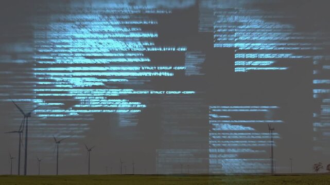 Signal sparking blue text overlay rising near horizon, scrolling, forming to visualize wind output