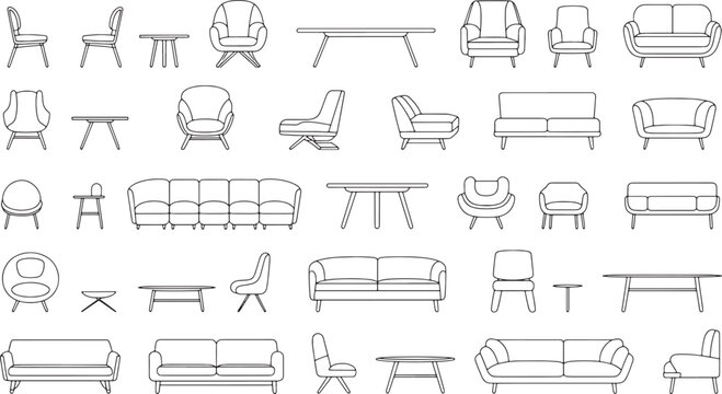 Modern furniture line art icons collection with minimalist sofa chair and table set vector illustration on transparent background drawing.