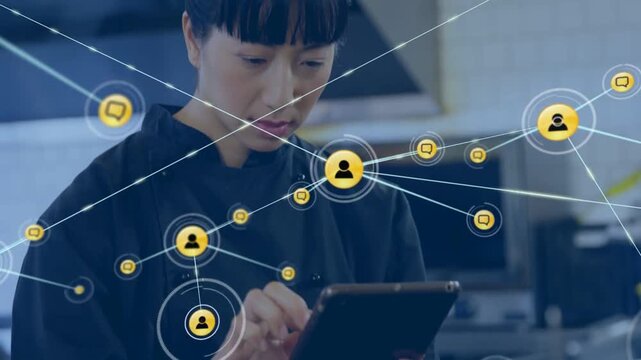 Chef tapping tablet in restaurant, generating yellow nodes and bubbles expanding, confirming update