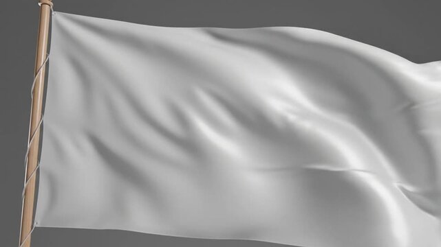 A white flag waves on a pole against a gray background