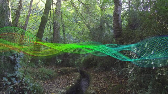 Oscillating animated waveform moving along leaf trail over small stream, yellow-to-cyan particles