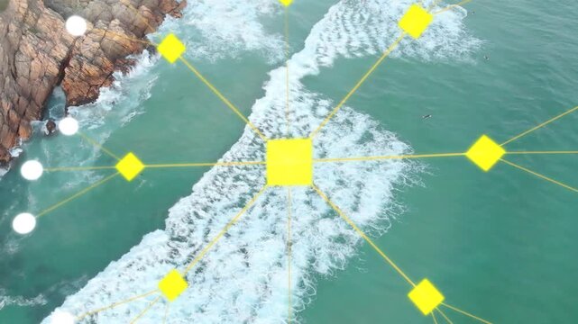 Scaling animated yellow square moving over turquoise sea with diagonal wave, radial network, cliff