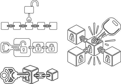 Set of data unlocking and decryption icons for secure information management systems