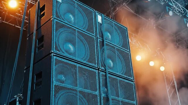 A large stack of speakers stands on a dark stage with bright lights and smoke.