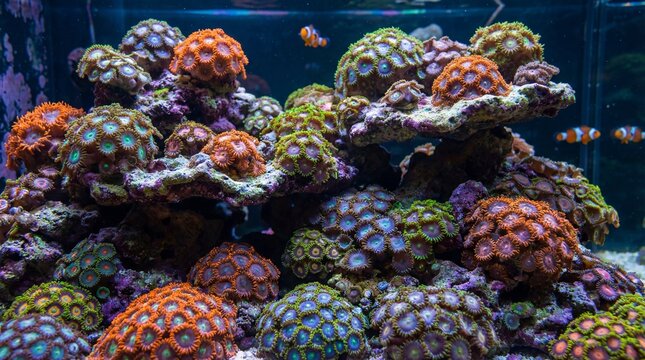 Colorful zoanthid coral garden in a saltwater aquarium