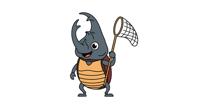 Cute cartoon beetle character smiling and holding a long butterfly net ready for a fun outdoor bug catching adventure.