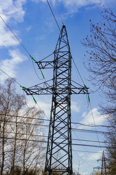 Tall steel electricity pylon with crossarms and green insulators stands against a bright blue sky, framed by bare winter trees and intersecting power lines