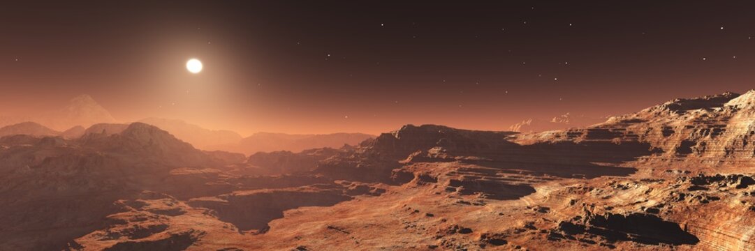 Mars, landscape on Mars, Martian landscape, surface of Mars, desert on Mars, sunset on Mars, 3D rendering