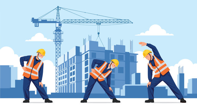 Team of construction workers in safety gear performing morning exercises at a building site with a large crane background.