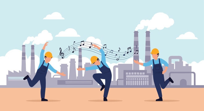 Three factory workers in blue overalls and yellow hard hats dancing joyfully in front of an industrial skyline with music.