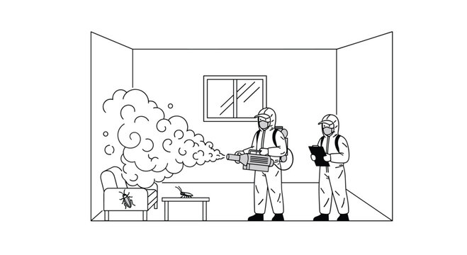 Two workers dressed in full protective suits use a specialized fogging machine to disinfect a room while holding a clipboard in a minimalist line drawing.