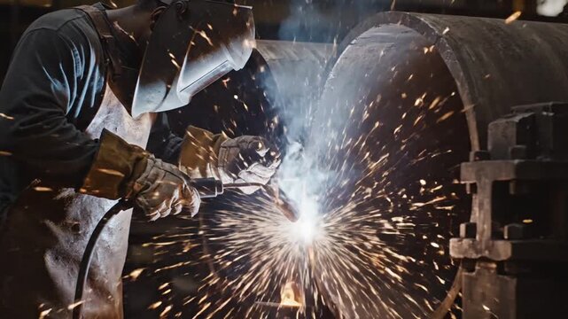 A worker in a factory welds a large pipe with sparks flying everywhere.
