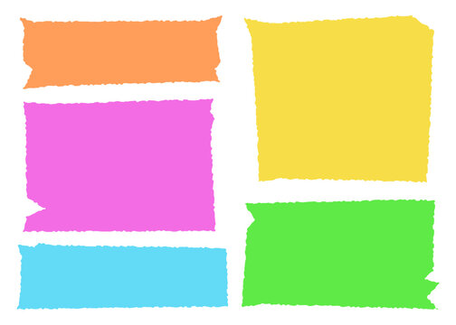 Vector set of bright colorful stickers with torn ragged edges isolated on white. Geometric paper scraps in pink, orange, yellow, green and blue for notes, labels and creative design.