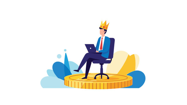 Businessman wearing a golden crown sits on a chair on top of a giant gold coin while working on a laptop representing leadership.