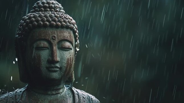 A serene Buddha statue standing in the rain in a peaceful video