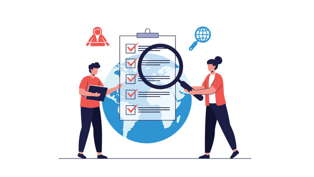 Global logistics and task management showing professionals checking items on a large clipboard against a world map backdrop.