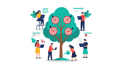 Fototapeta premium Team of professionals working together around a target tree to cultivate and achieve various business objectives.