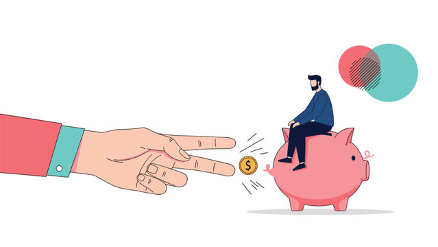 Generous investor flicking a small gold coin toward a professional businessman sitting on top of a large pink piggy bank.