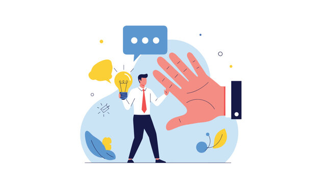 Creative professional holding a glowing lightbulb but being stopped by a giant hand representing office censorship.